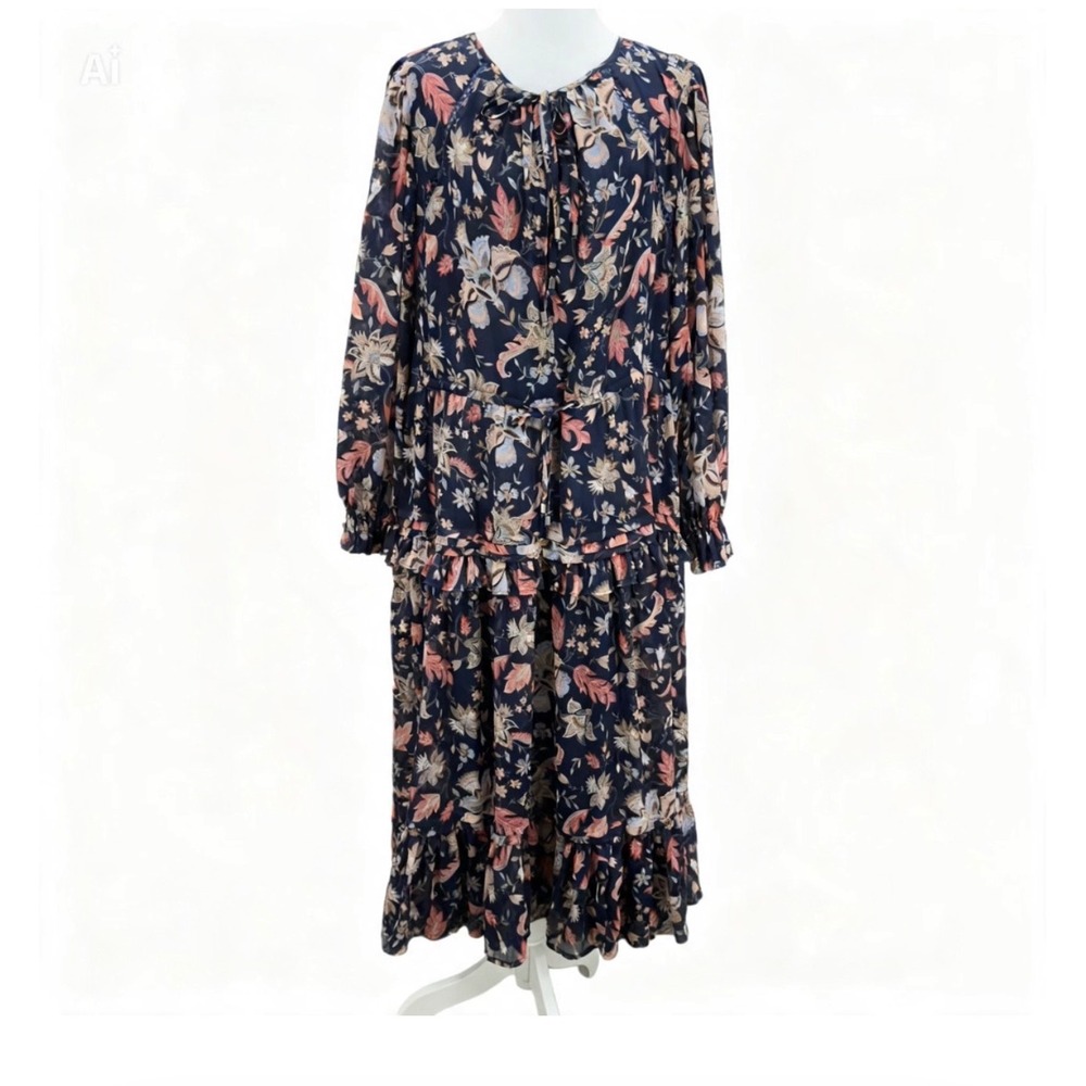 Sam Edelman Floral Tiered Maxi Dress Womens Large Navy Blue boho flowy